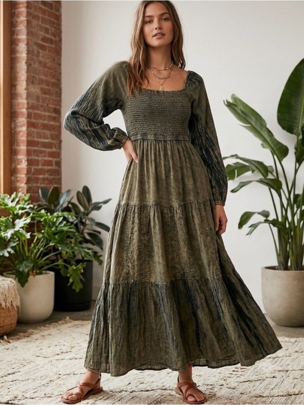 NWT Young Threads Smocked Tiered Maxi Dress Olive Green Boho Indie